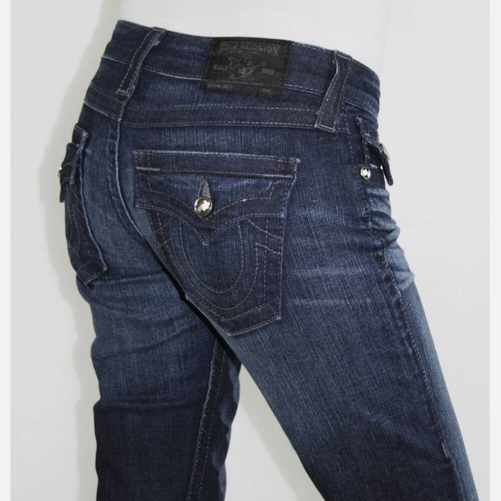 True Religion Blue Disco Billy Jeans Swarovski Crystal Low Rise Flap Pocket 26 - Picture 3 of 13